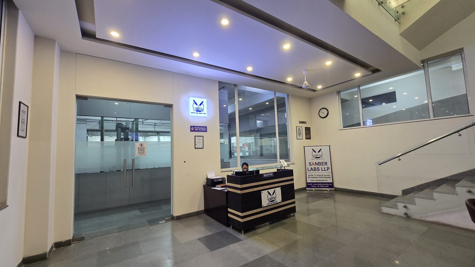 Sanber Labs reception — NABL-certified testing facility at AAMPL